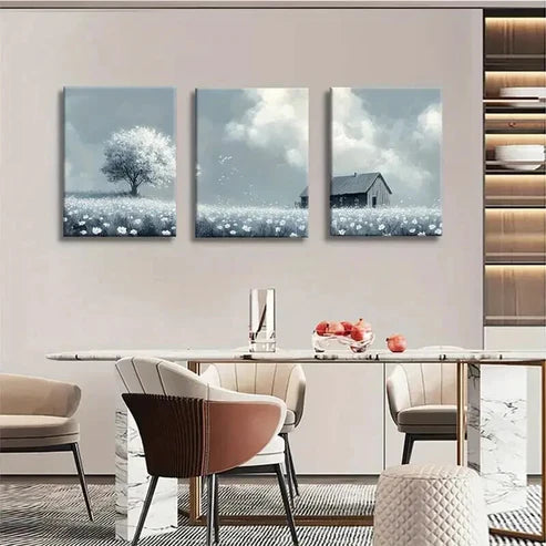 3pcs Wildflower Field Blue And White Tranquil Wall Art Set Canvas Unframed - High Quality Print 100% Australian Made Wall Canvas