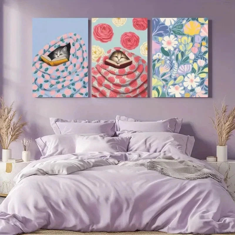 3pcs Whimsical Cat & Floral Wall Art Set Canvas Framed 40x60cm - High Quality Print 100% Australian Made Wall Canvas Ready to Hang - Bella Home Decor