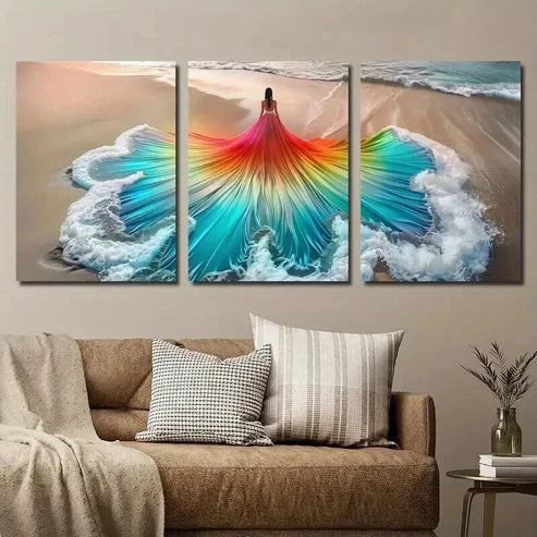 3pcs Beautiful Woman Art in Beach Wave Dress Wall Art Set Canvas Unframed - High Quality Print 100% Australian Made Wall Canvas - Bella Home Decor