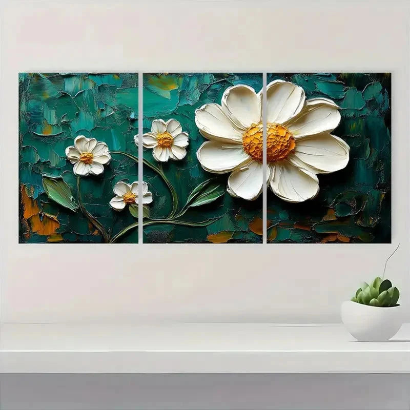 3pcs White Daisy & Green Leaves on Dark Green Wall Art Set Canvas Framed 50x70cm - High Quality Print 100% Australian Made Wall Canvas Ready to Hang - Bella Home Decor