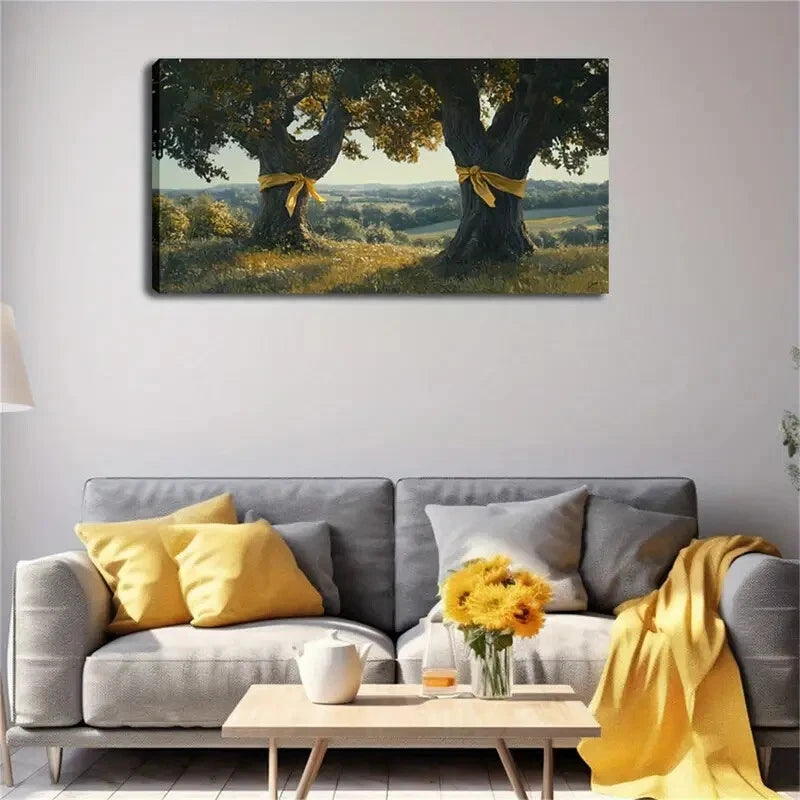 Tree Trunks with Yellow Ribbons Wall Art Canvas Office Home Room Framed 120x60cm - Bella Home Decor