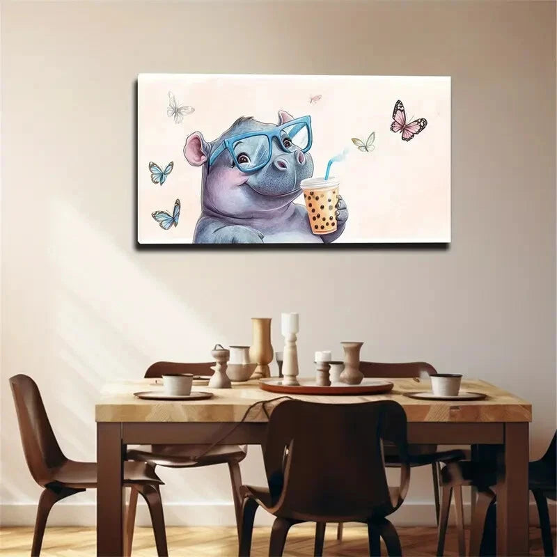 A Small Hippo Holding Milk Tea Wall Art Canvas Office Home Room Framed 120x60cm - Bella Home Decor