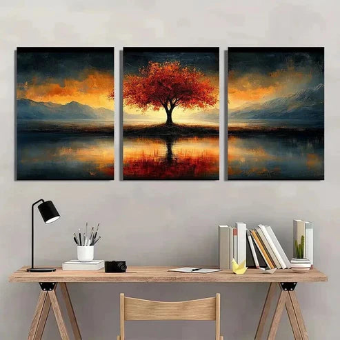 3pcs Vibrant Autumn Leaves & Mountain Reflection Wall Art Canvas Unframed - High Quality Print 100% Australian Made Wall Canvas