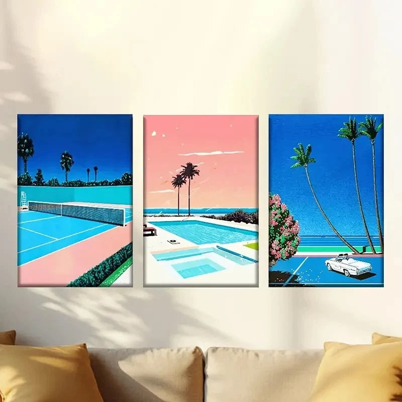 3pcs Tennis Court and Palm Trees Wall Art Set Canvas Framed 50x70cm - High Quality Print 100% Australian Made Wall Canvas Ready to Hang