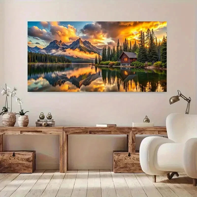 Golden Life Tree, Mountain,Lake Art wall canvas office home room framed 120x60cm - Bella Home Decor