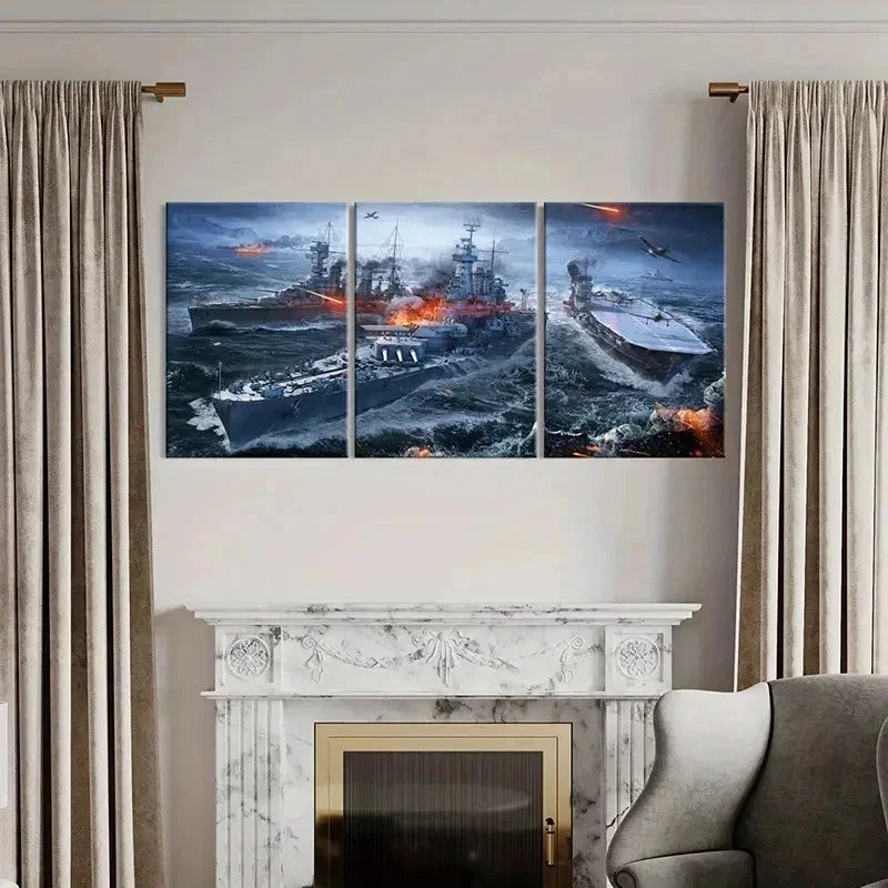 3pcs Military Theme Aircraft Carrier War Wall Art Set Canvas Framed 50x70cm - High Quality Print 100% Australian Made Wall Canvas Ready to Hang