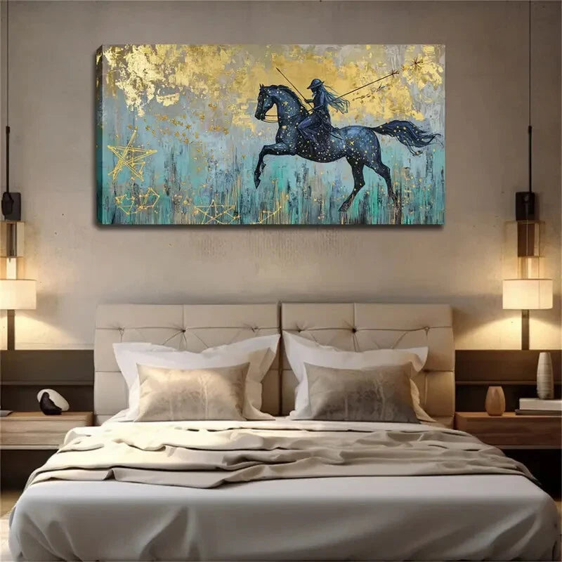 Rider on Black Horse Golden Wall Art Canvas Office Home Room Framed 120x60cm - Bella Home Decor