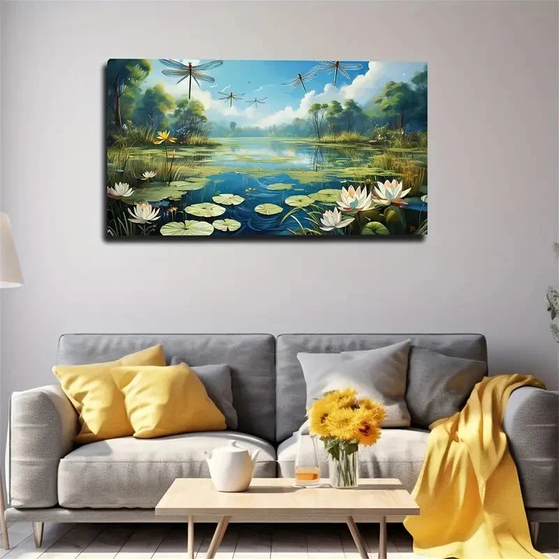 Dragonfly Above For Lotus Wall Art Canvas Office Home Room Framed 120x60cm