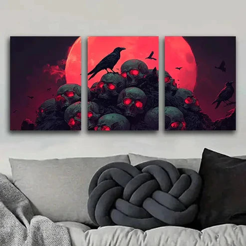 3pcs Gothic Skulls and Crow Red Darkness Fear Wall Art Set Canvas Unframed - High Quality Print 100% Australian Made Wall Canvas