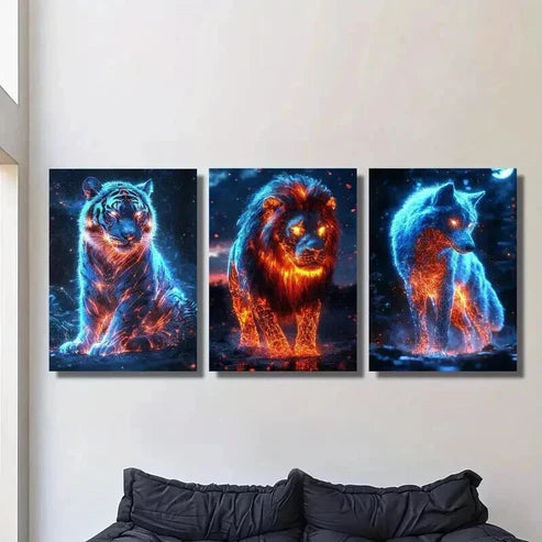 3pcs Burning Tiger Lion and Wolf Illustration Wall Art Canvas Unframed - High Quality Print 100% Australian Made Wall Canvas - Bella Home Decor