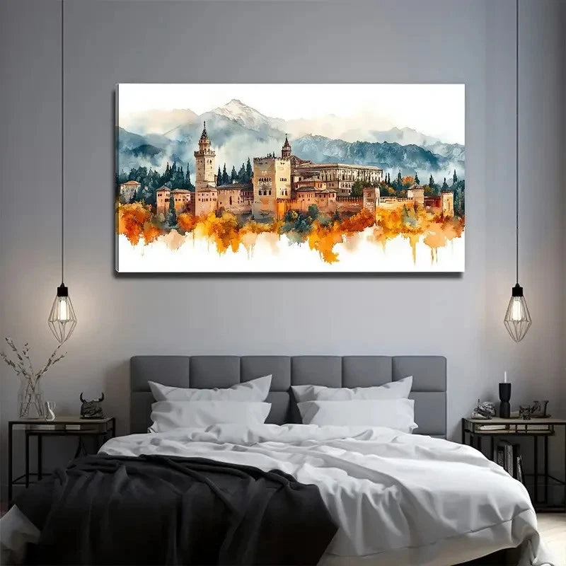 Castle Under The Mountain Lands Wall Art Canvas Office Home Room Framed 120x60cm