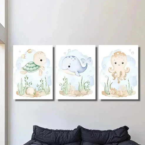 3pcs Undersea Nursery Turtle Whale & Octopus Wall Art Canvas Unframed - High Quality Print 100% Australian Made Wall Canvas