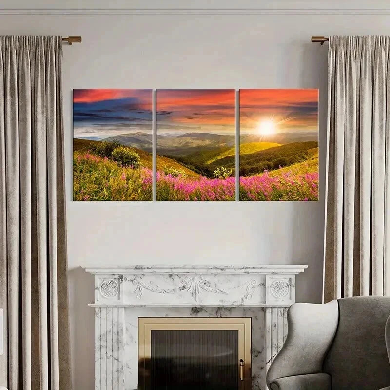 3pcs Mountain Wildflowers and Sunset Wall Art Set Canvas Framed 60x90cm - High Quality Print 100% Australian Made Wall Canvas Ready to Hang - Bella Home Decor