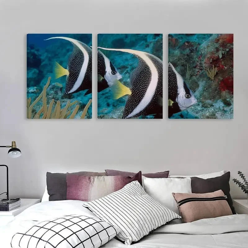 3pcs Two Black and white Angelfish swimming Wall Art Set Canvas Framed 50x70cm - High Quality Print 100% Australian Made Wall Canvas Ready to Hang