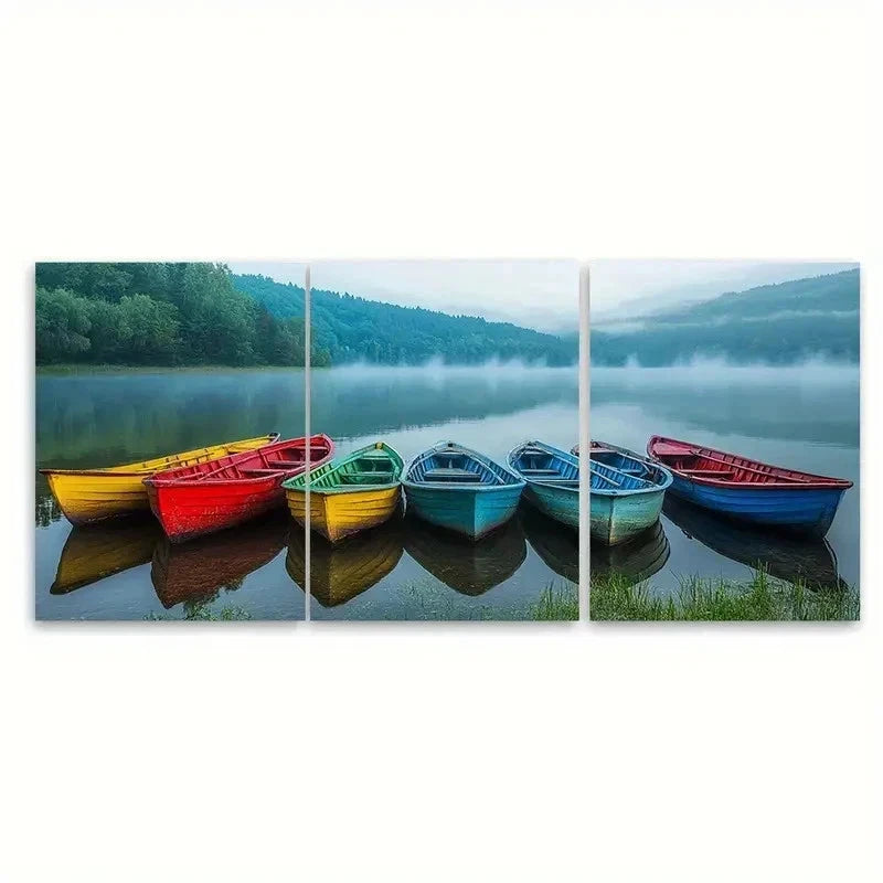 3pcs Misty Morning Rainbow Boats DY Wall Art Set Canvas Framed 60x90cm - High Quality Print 100% Australian Made Wall Canvas Ready to Hang