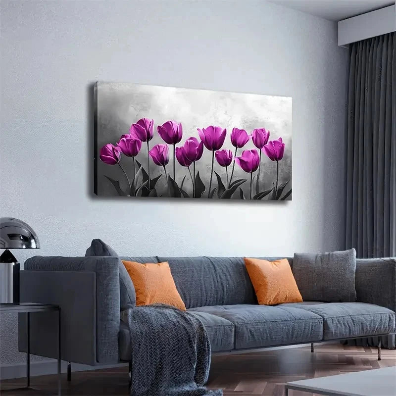 Purple Tulip Abstract Style Wall Art canvas office home room framed 120x60cm