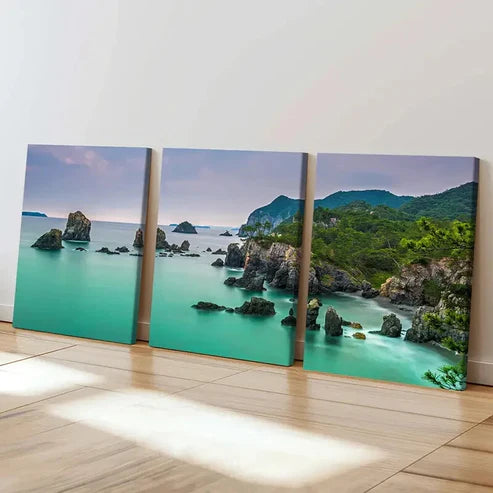 3pcs Tropical Beach Landscape with Rocks & Trees Wall Art Set Canvas Unframed - High Quality Print 100% Australian Made Wall Canvas