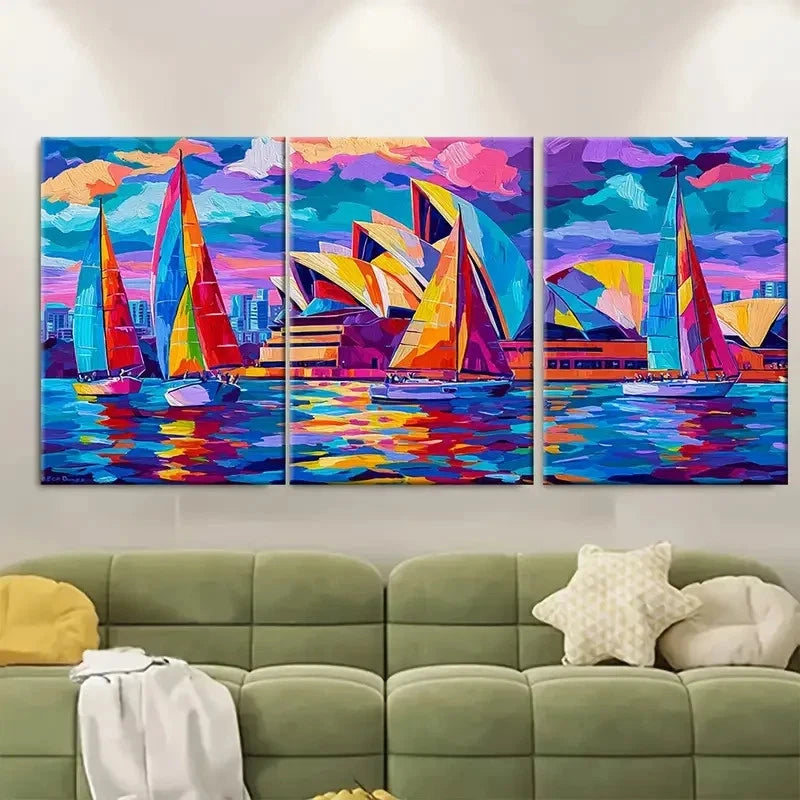 3pcs Sydney Harbour Fauvist Color Artwork Wall Art Set Canvas Framed 60x90cm - High Quality Print 100% Australian Made Wall Canvas Ready to Hang