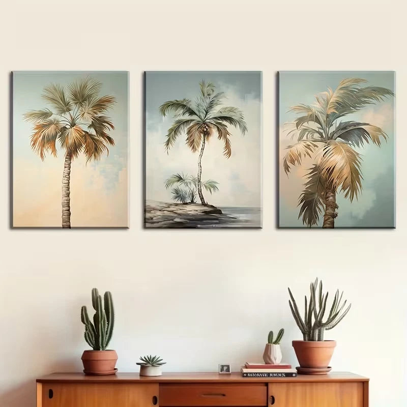 3pcs Featuring Seaside Coconut Trees, Beaches Metal Print Ready to Hang Art