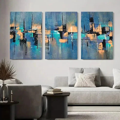 3pcs Blue Orange & Black Brushstroke Wall Art Canvas Unframed - High Quality Print 100% Australian Made Wall Canvas - Bella Home Decor