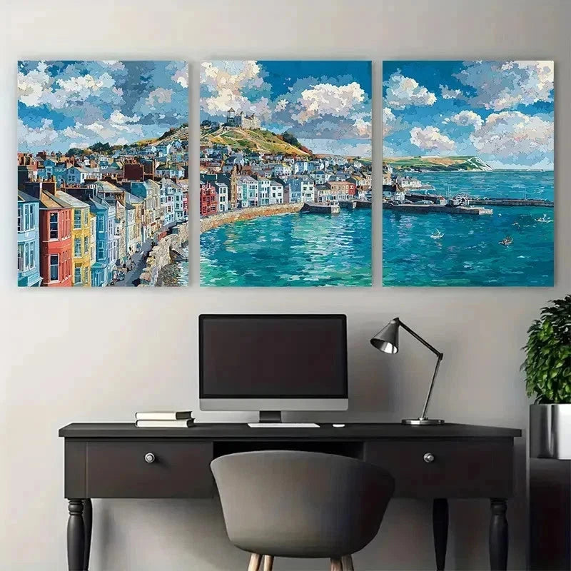 3pcs Isle Of Wight Travel Continuous Perfect Wall Art Set Canvas Framed 50x70cm - High Quality Print 100% Australian Made Wall Canvas Ready to Hang