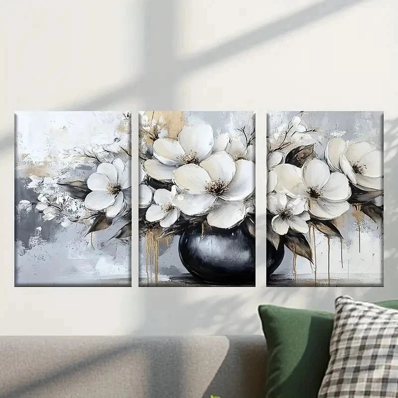 3pcs Elegant White Flowers in Black Vase Wall Art Set Canvas Framed 50x70cm - High Quality Print 100% Australian Made Wall Canvas Ready to Hang
