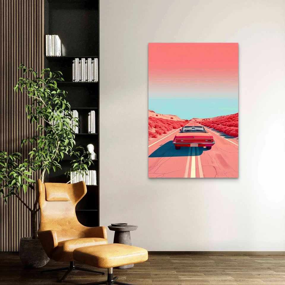Red Car On Coast Side 40x60cm Metal Print Ready to Hang