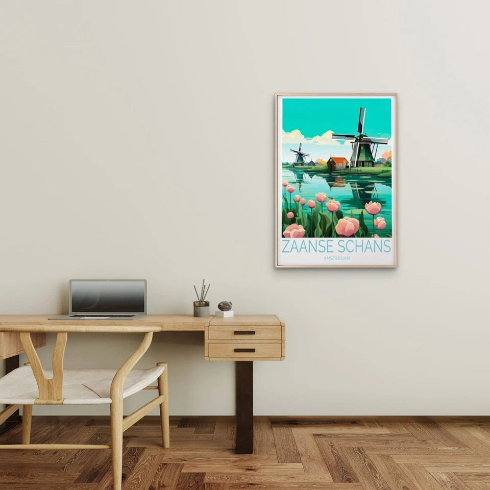 Zaanse Schans Amsterdam, Windmill & Lake Travel Poster Print Wall Art - Bella Home Decor