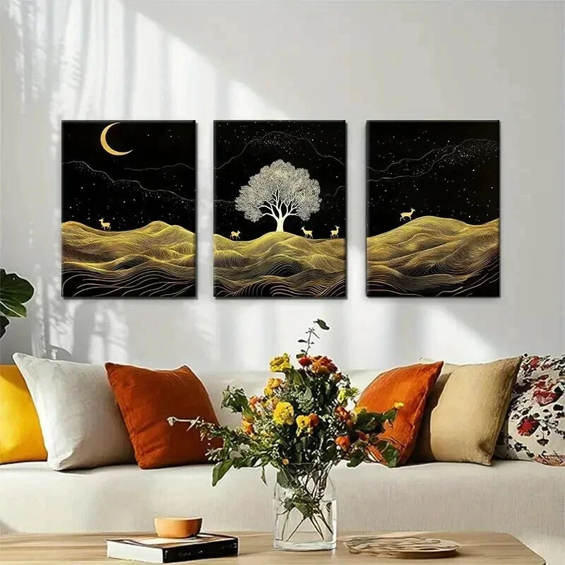 3pcs Elegant Moonlit Deer Tree Night Perfect Wall Art Set Canvas Framed 40x60cm - High Quality Print 100% Australian Made Wall Canvas Ready to Hang