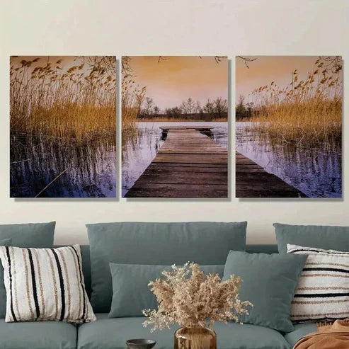 3pcs Scenic Lake Sunset Triptych Paintings Wall Art Canvas Unframed - High Quality Print 100% Australian Made Wall Canvas