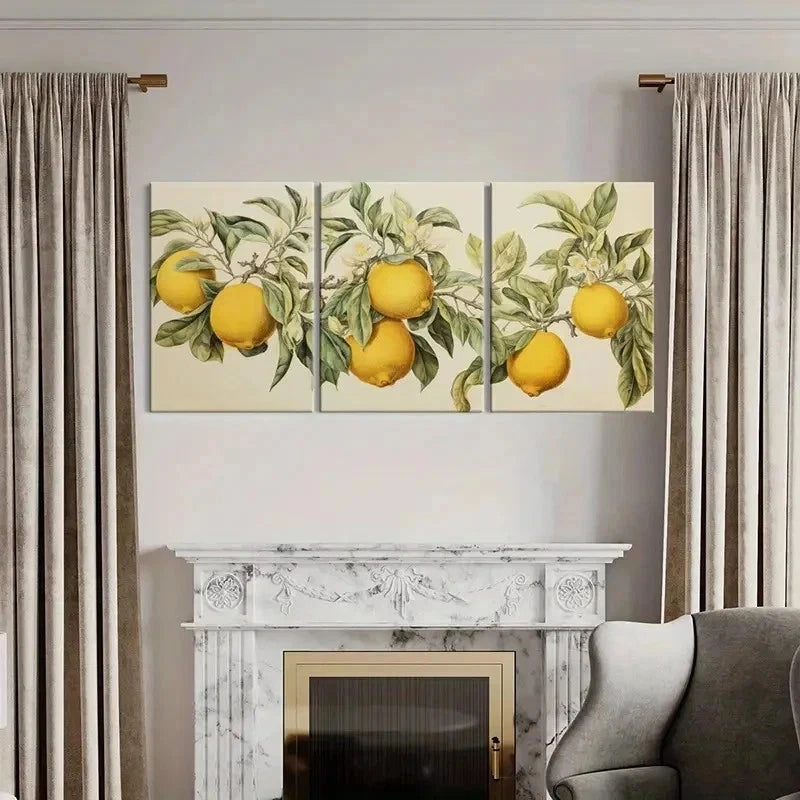 3pcs Vintage Lemon & Blossom Painting Wall Art Set Canvas Framed 40x60cm - High Quality Print 100% Australian Made Wall Canvas Ready to Hang