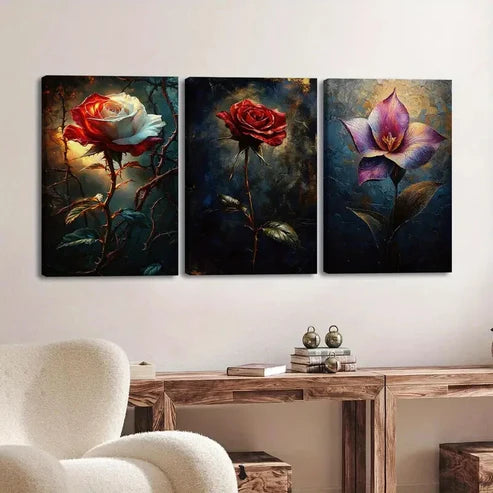 3pcs Charming Floral White & Red Rose Rose Lily Wall Art Set Canvas Unframed - High Quality Print 100% Australian Made Wall Canvas