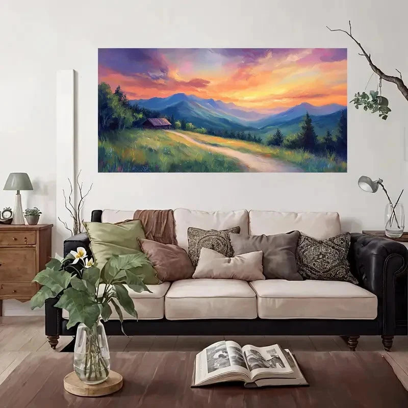 Mountain Cabin Sunset Wall Art Canvas Office Home Room Framed 120x60cm