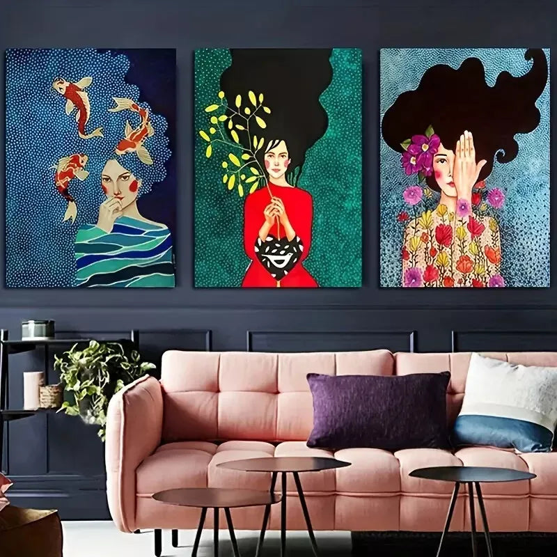 3pcs Vibrant Abstract Woman Wall Art Set Canvas Framed 40x60cm - High Quality Print 100% Australian Made Wall Canvas Ready to Hang - Bella Home Decor
