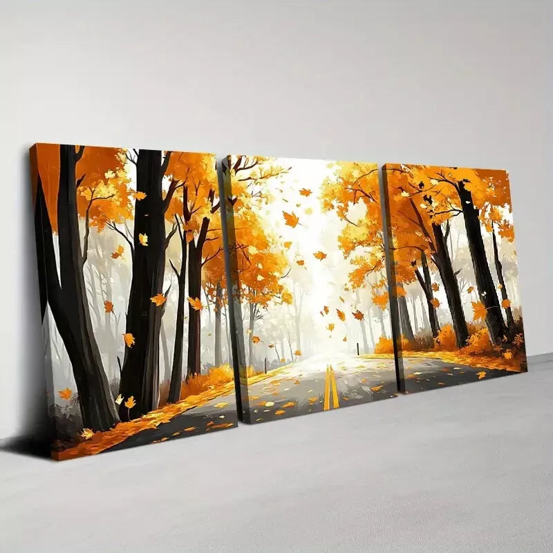 3pcs Autumn Forest Mountain Road Watercolor Wall Art Set Canvas Framed 40x60cm - High Quality Print 100% Australian Made Wall Canvas Ready to Hang