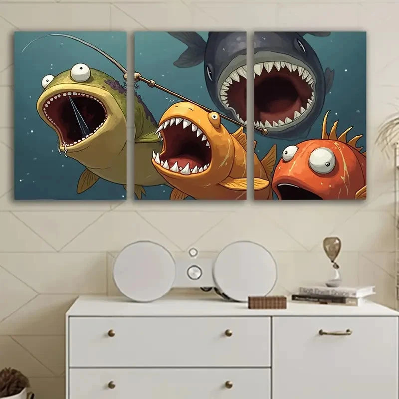 3pcs Fish Mouth Artwork Wall Art Set Canvas Framed 50x70cm - High Quality Print 100% Australian Made Wall Canvas Ready to Hang