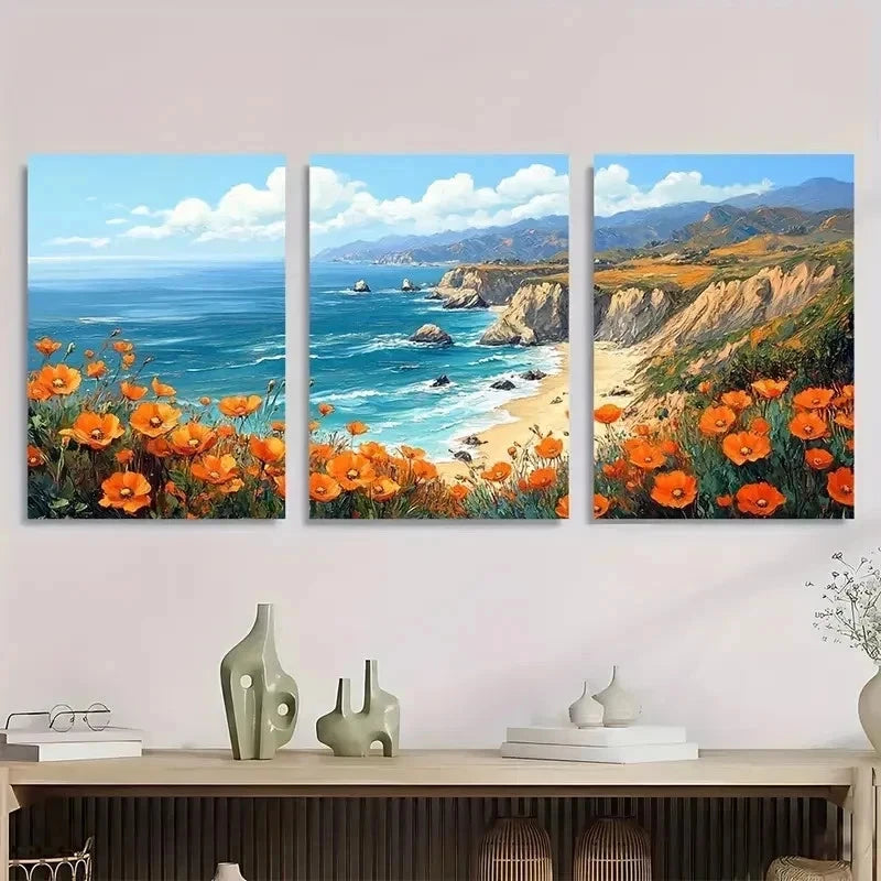 3pcs Big Sur Poppy California Coastal Perfect Wall Art Set Canvas Framed 60x90cm - High Quality Print 100% Australian Made Wall Canvas Ready to Hang - Bella Home Decor
