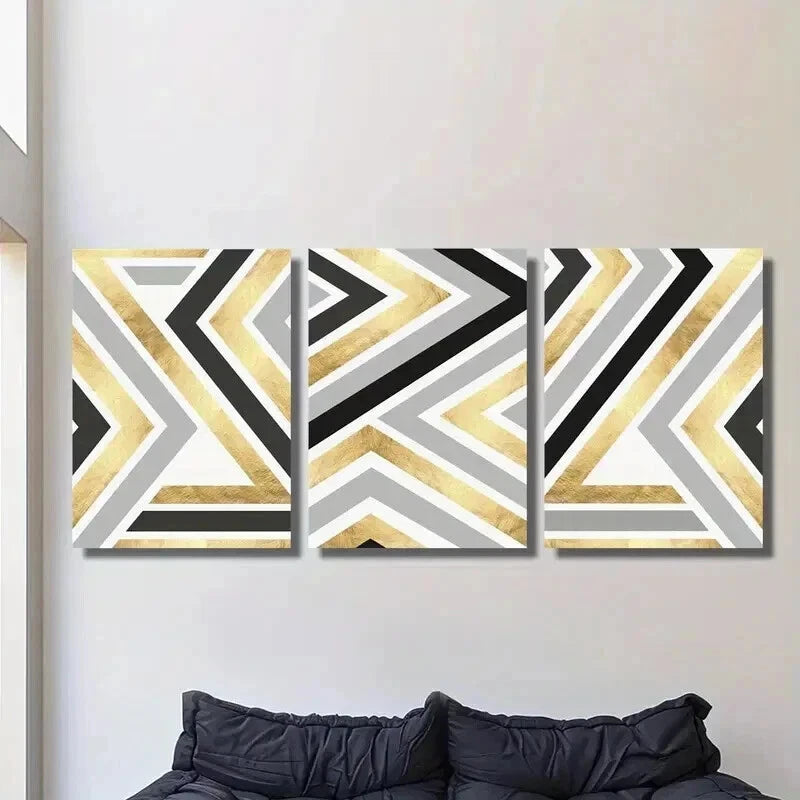 3pcs Gold Black & Gray Artistic Lines Wall Art Set Canvas Framed 60x90cm - High Quality Print 100% Australian Made Wall Canvas Ready to Hang