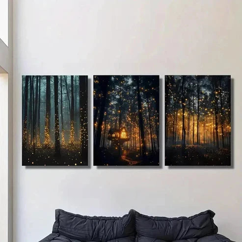 3pcs Dreamy Mysterious Forest & Firefly Wall Art Set Canvas Unframed - High Quality Print 100% Australian Made Wall Canvas - Bella Home Decor