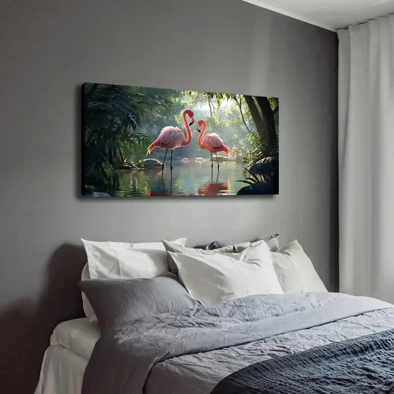 Two Flamingos in Water Modern Wall Art Canvas Office Home Room Framed 120x60cm - Bella Home Decor