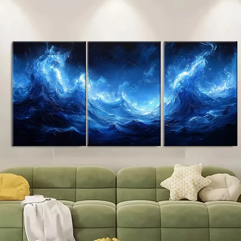 3pcs Featuring a Serene Blue Neon Seascape Metal Print Ready to Hang Art