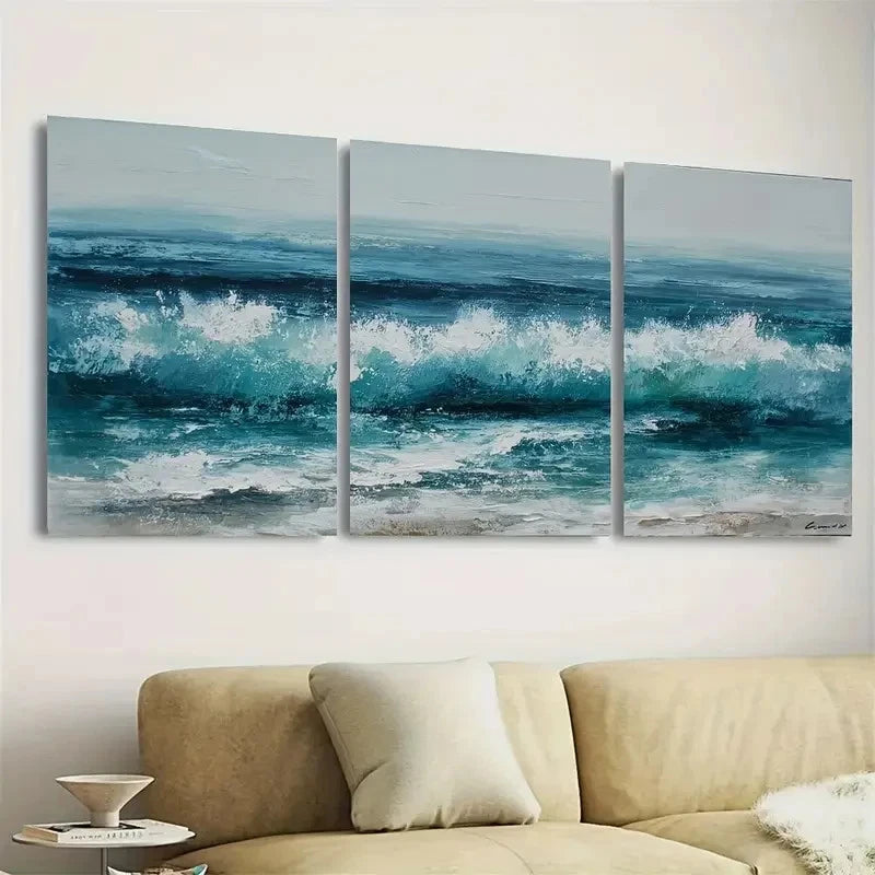 3pcs Green Ocean Wave Wall Art Set Canvas Framed 50x70cm - High Quality Print 100% Australian Made Wall Canvas Ready to Hang