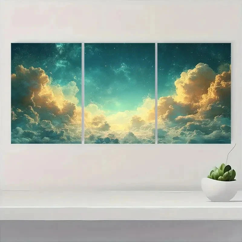 3pcs Teal & Golden Clouds Design T Wall Art Set Canvas Framed 50x70cm - High Quality Print 100% Australian Made Wall Canvas Ready to Hang
