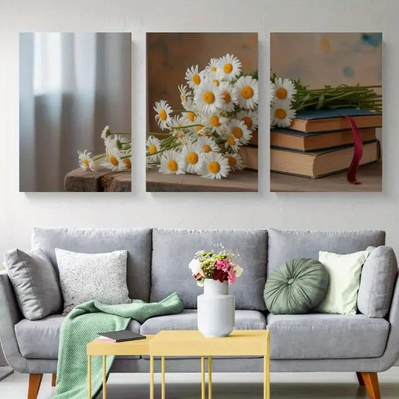 3pcs Daisy and Book Wall Art Set Canvas Framed 40x60cm - High Quality Print 100% Australian Made Wall Canvas Ready to Hang - Bella Home Decor