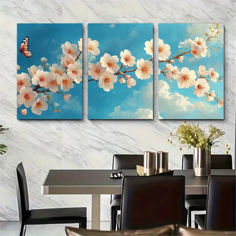 3pcs Pink White Blossom Under Soft Blue Sky Metal Print Ready to Hang Art