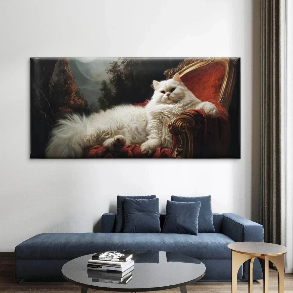 Fluffy Cat on Red Velvet Chair Wall Art Canvas Office Home Room Framed 120x60cm