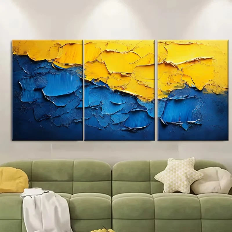 3pcs Vibrant Blue and Yellow Abstract Metal Print Ready to Hang Art
