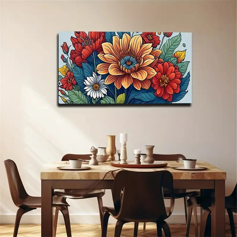 Vibrant Floral Bohemian Modern Wall Art Canvas Office Home Room Framed 120x60cm