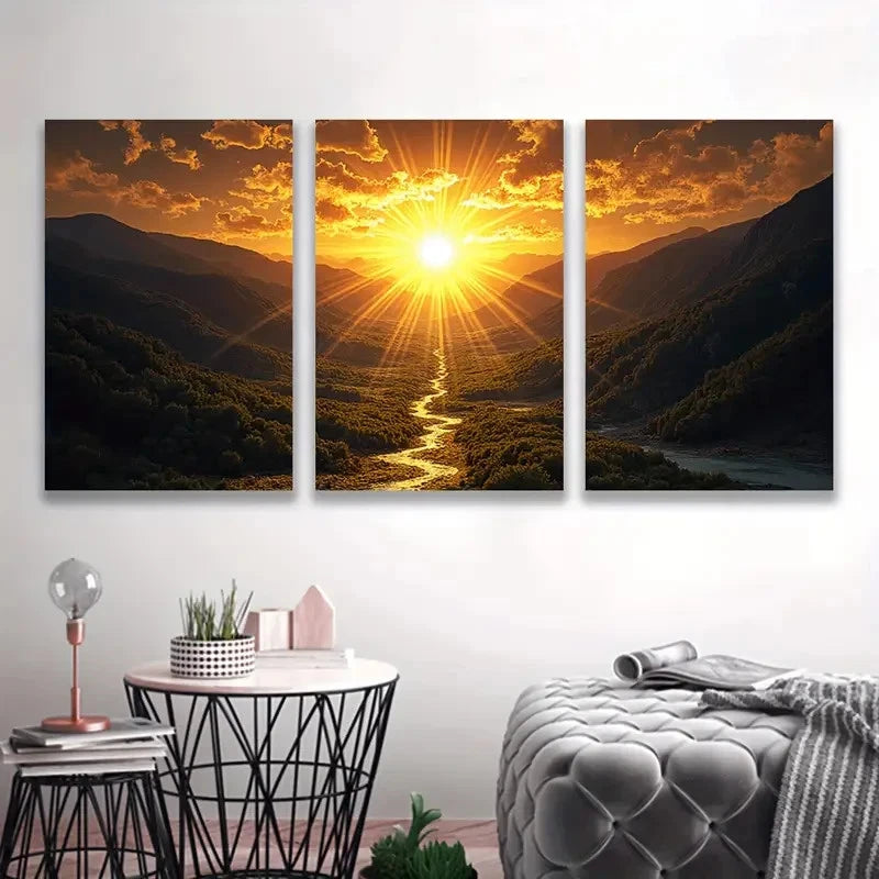 3pcs Sunset Mountain River Nature Scenes E Wall Art Set Canvas Framed 40x60cm - High Quality Print 100% Australian Made Wall Canvas Ready to Hang