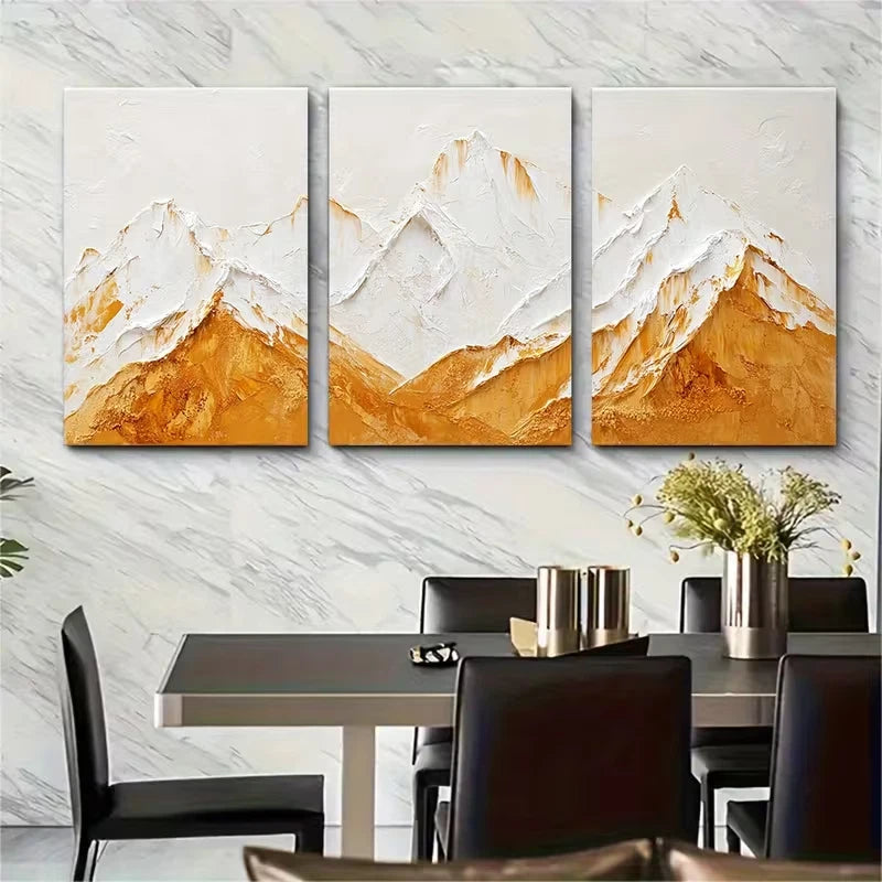 3pcs Abstract Mountain Range Painting Rustic White Metal Print Ready to Hang Art